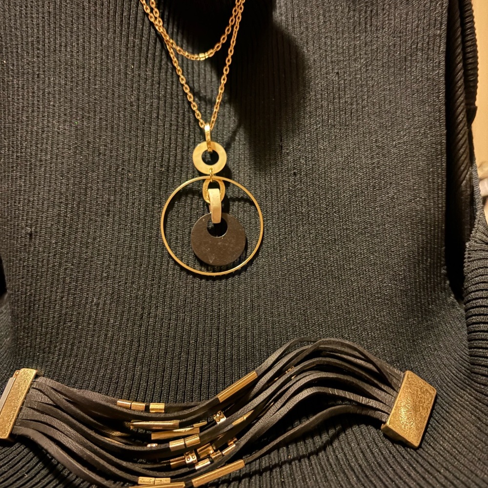 Gold and Black Layered Circle Pendant Necklace - Women Jewelry